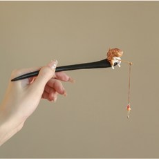 小貓釣魚髮簪 復古風可愛貓咪造型盤髮髮飾, 橘黃小貓