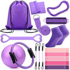 라운드퍼니 필라테스 링 서클 세트 여성용 운동기구 액세서리 18개 볼 스트레칭 스트랩 매직 요가 짐 백백 저항 밴드 미끄럼 방지 양말, Purple, 1개