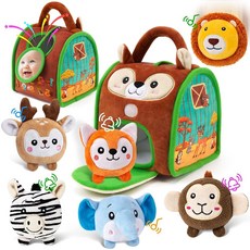 생후 6~12개월 와 1~3세 를 위한 교육용 몬테소리 및 생일 소년 미러가 포함된 래틀 세이프 선물을 동물 감각 세트 크링클 소녀 장난감