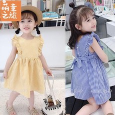 mi 韓版女童時尚小飛袖格子連身裙 夏季新款洋氣小清新可愛洋裝 女童格子洋裝 女童連身裙 女童裙子