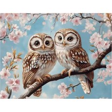 호우맘 액자 캔버스형 보석십자수 DIY 키트 40 x 50 cm, 1개, HM-125 벚꽃과 부엉이