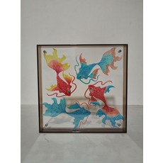 皮影 金魚 牛皮雕刻 手工上色 亞克力畫框 25x25cm 四魚圖 非遺, 如圖所示, 1個