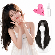 Novah 여자통가발 내추럴 롱 스트레이트 레이어드 컷 똑단발 앞머리 수제, 1개, 블랙