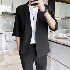 티류으스 남성 여름 냉감 시원한 빅사이즈 오버핏 베이지 반팔 콤비자켓 캐주얼룩