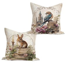빈티지 새 토끼 토끼 장식용 베개 커버 45.7 x 45.7cm(18 x 18인치) 2개 세트 소박한 클래식 코티지 코어 빈티지 책 장식 농가 꽃무늬 베개 커버 쿠션 커버 장