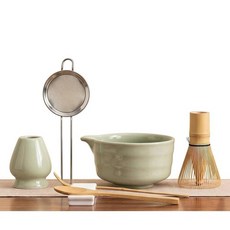 YOLIFE 말차 거품기 7개 세트 행사용 말차 키트 가 있는 말차 그릇 세라믹 홀더가 있는 대나무 거품기(체선) 스쿱 파우더 스푼 및 체 (말차 그린), 말차 그린