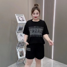 100%純棉黑色燙鑽休閒運動兩件套組, 3XL 建議 72.5-80.0公斤