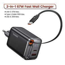 Toocki 67W GaN USB C 충전기(개폐식 유형 케이블 포함) PPS PD30 SFC20 iPhone 16 15 S25 S24 노트북용 고속 충전기, 01 EU Black