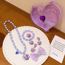 兒童艾莎公主雪花吊墜項鍊手鍊耳夾套裝，小女孩卡通飾品