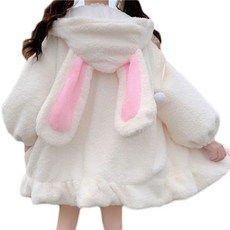 여자 겨울 긴 슬리브 퍼지 후드 재킷 하라주 쿠 카와이 토끼 귀가 지퍼 가디건 코트 플러시 따뜻한 주름 아웃 outw