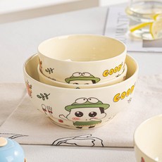 Keyiyijia 개구리 신짱 일러스트 세라믹 그릇 2종, 아이보리 + 그린 + 옐로, 1세트, 370ml x 2개입 + 720ml