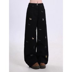 Cwadun 여성의 자수 넓은 다리 청바지 스트레이트 다리 바지