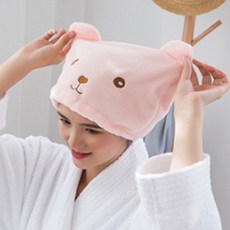 곰돌이 단추 극세사 헤어타올 드라이캡 머리수건, 1개, 핑크