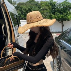 大檐拉菲草編遮陽帽，全臉防曬漁夫帽, 主圖款卡其色-鏤空毛邊黑色蝴蝶結繫帶拉菲,均碼（56-58cm）高品質拉菲草