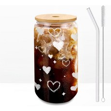 뚜껑과 빨대가 있는 유리컵 1팩 유리 커피 컵 아이스 뚜껑이 스무디 칵테일 맥주 위스키 소다 말차 대나무 16온스 브러시 1개, Heart-1pcs