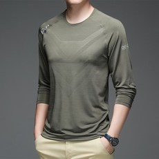 長袖T恤男士秋冬冰絲薄款休閑運動速乾, XL, 卡其