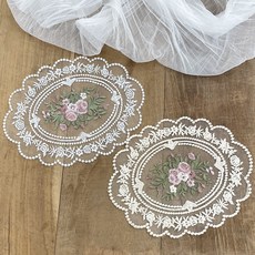 프렌치 플라워 타원형 레이스 컵매트 자수 덮개, 2개, 23cmx18cm, 아이보리