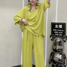 胖mm加肥加大碼女裝150.0kg休閒套裝夏連帽短袖減齡遮肉顯瘦兩件套, 綠色（上衣+長褲）,3XL 建議90.0-120.0kg