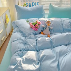 1급 믹스매치 단색 워시드 면 4종 세트 초부드러운 구름 면 기숙사 3종 세트 4종 세트, 카테고리 A - 믹스 앤 매치 - 연한 파란색과 물색, 0.9m 침대 시트 3종 세트(이불커버 1.5x2m)