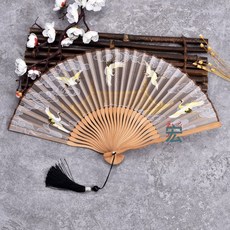 VANLUEE 摺疊 旗袍 夏季 穿搭, 1個, 瑞鶴圖卡其色(鐵帽小珠黑流蘇):如圖