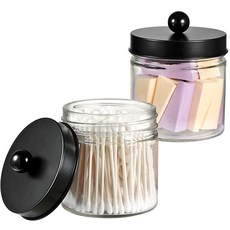 SheeChung욕실 배니티 유리 수납 정리함 홀더 면봉 원형 공 Qtips 메이크업 스폰지 플로셔 욕염 2팩 클리어브러쉬 니켈, Black