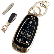 루루형제 현대 호환 자동차 프리미엄 TPU 키 케이스+번호 키링+가죽스트랩, 다크블랙, AH-06