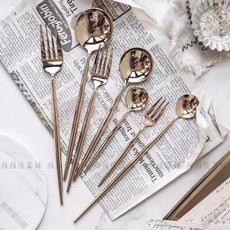 【开发票/统编】不鏽鋼餐具套裝 (筷子 勺子 刀叉) - 西餐餐具 牛排刀叉 金色銀色復古INS風 甜品家用 環保便當筷匙組960112, 金色,主餐刀叉勺（3件套）, 1個