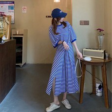 투니스 여성 루즈핏 스트라이프 슬릿 롱 원피스