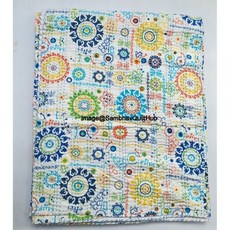 화이트 핸드블록 스자니 플로럴 프린트 수제 코튼 칸타 퀼팅 보호 침구 담요 히피 퀸/킹 사이즈 보헤미안 블록 퀼트 (퀸 90X108 인치), 퀸 90X108 인치