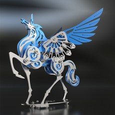 鋼魔獸 獨角獸 狂飆系列 金屬模型 拼裝 天馬 飛馬 3D立體拼圖 機械仙獸 送男友, 1個, 白展-藍色, 藍色