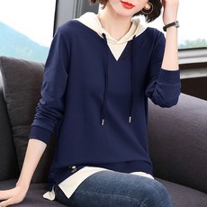 AOKADA 중년 여성 후드티 배색 레이어드 엄마 긴팔 티셔츠