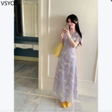 VSYOY 여름 새로운 꽃 인쇄 꽃 원피스 프랑스 스타일 부드러운 꽉 허리 슬리밍