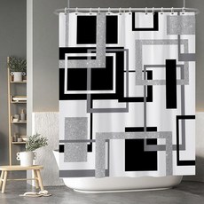 Baocicoo 모던 기하학 샤워 커튼 세트 블랙 화이트 블루 욕실 사각형 추상 미니멀리즘 목욕 방수 내구성 후크 포함 91.4 x 182.9cm(36 72인치), 실버