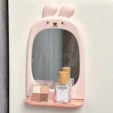 可愛兔耳朵卡通鏡子 衛生間宿舍化妝鏡 壁掛梳妝鏡 牆面裝飾鏡, 櫻桃粉可愛兔耳朵收納鏡【可立/可壁掛】