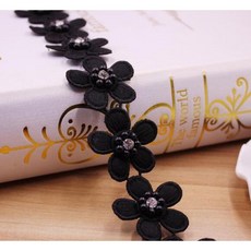 블랙 화이트 진주 꽃 수제 구슬 자수 레이스 가장자리 트림 리본 더블 레이어 아플리케 드레스 DIY 바느질 공예, Black, 1개