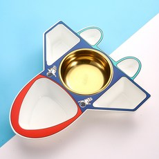 WTB 卡通飛機兒童餐盤 寶寶輔食304不銹鋼分格餐盤 幼兒園家用, 藍色餐盤+金色碗, 1個