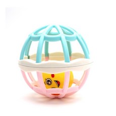 寶寶學爬小幫手 好抓好握 鏤空球 洞洞球 牙膠球 軟膠球 手抓球 鈴鐺球, 1個, 粉藍拼色球