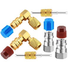 Yaocom R12 to R134A AC 피팅 변환 어댑터 키트 퀵 커플러 밸브 A/C 90° 포트 개조 어댑터 고압/저압 AC 에어컨 냉매용 밸브 코어 리무버 포함(골드, Yaocom R12 to R134A AC 피팅 변환 어
