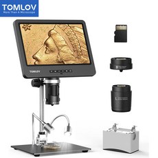 TOMLOV DM602 HDMI Digital Microscop 디지털 현미경 10.1인치 IPS 프리미엄 스크린 1500배율 납땜 동전 현미경+10배 슬라이드(USB 포트 포함)