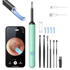 이어 왁스 제거 카메라와 조명이 있는 클리너 키트 1080P가 도구 카메라 숟가락이 클리닝 iOS 및 Android용 카메라라이트 레이크 그린, Light Lake Green, 1개