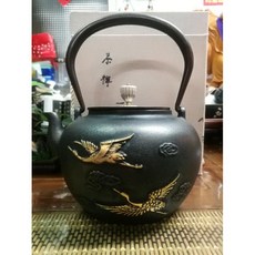 茶禪 松鶴延年鎏金鐵壺 手工鑄鐵無塗層煮水壺, 1個, 黑