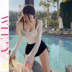 WIE' Y 韓國泳裝分體三件式泳衣套裝，長袖防曬溫泉泳裝，新款海邊女生泳衣, 643米色,S【建議40-45KG】, 643米色