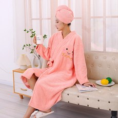 加厚女士浴袍交叉綁帶浴裙居家可穿浴巾幹發帽吸水速乾材質可愛風格 #皮粉色 #毛巾35*75cm, 毛巾35*75cm