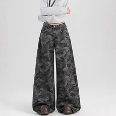 해피유통 여성용 봄 가을 스트 와이드 레그 카모플라쥬 데님 팬츠