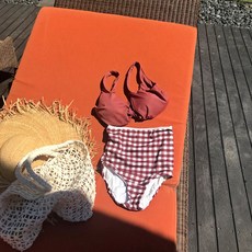 磚紅格子高腰比基尼泳裝，清新可愛風，二件式高腰遮肚設計，全台灣最低價現貨供應, (3F-a59) 紅色與格紋 M碼, 紅色