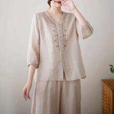 ORZQU 여성 여름 신형 레저 리넨 세트 루즈핏 심플 반팔 세트