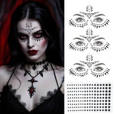 할로윈 페이스 아이 메이크업 타투 스티커 4장 아이섀도우 임시 가짜 타투 블랙 페이스 보석 보석 페이스 라인스톤 스틱 온 여성용 할로윈 가장 무도회 파티 용품, 할로윈 페이스 아이 메이크업 타투 스티커 4장 아이섀도