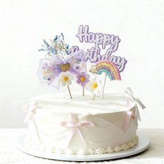 생일케이크장식 케이크토퍼 생일파티 데코픽 무지개토퍼 리본토퍼 파티용품 케이크데코세트 생일파티꾸미기 1세트 6종 토퍼, 1개, 스노우퍼플