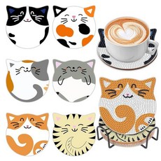 8피스 다이아몬드 아트 페인팅 컵받침 홀더 포함 DIY 자폐증 인식 다이아몬드 아트 컵받침 음료용 다이아몬드 아트 페인팅 키트 초보자용 다이아몬드 키트 공예 용품 성인용, 고양이 컵받침, 1개