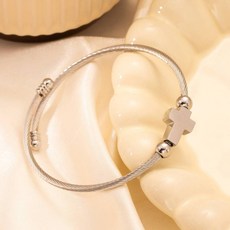 新品上市鋼絲繩十字架不銹鋼手鐲，鈦鋼設計開口可調節電纜線手環